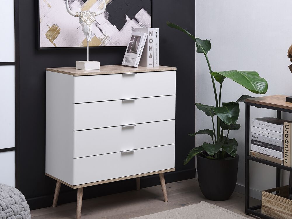 Cassettiera Credenza Bianca con 4 Cassetti 93 x 79 cm Soggiorno Camera da Letto Corridoio Armadietto Stile Scandinavo