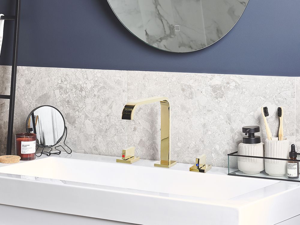 Miscelatore lavabo Rubinetto a doppia leva per bagno moderno in ottone lucido metallo dorato