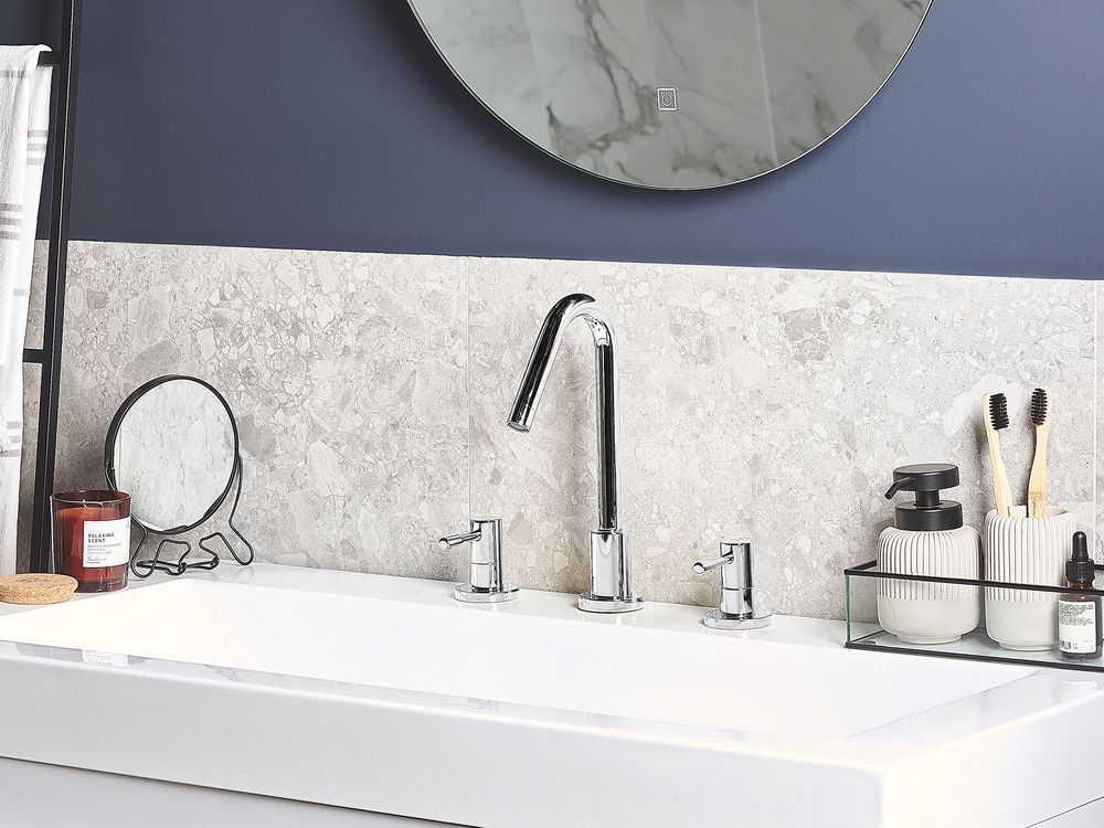 Miscelatore Lavabo Argento Metallo Lucido Ottone Bagno Moderno Rubinetto A Doppia Leva