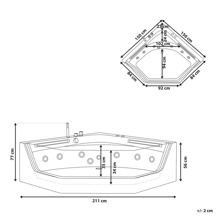 Vasca Idromassaggio Angolare Bianca con LED e getti massaggianti Design Moderno per 2 Persone