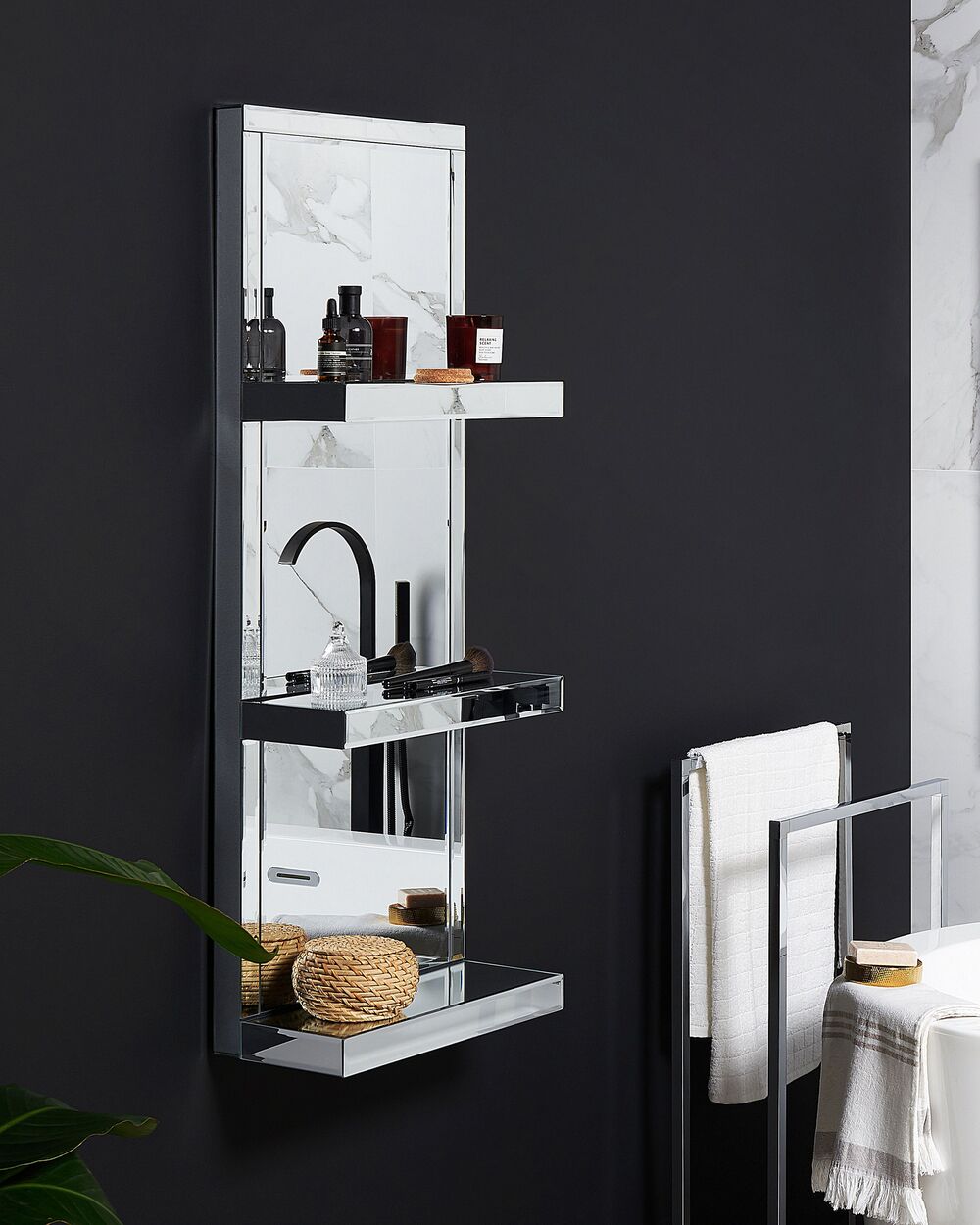 Mensola Bagno Effetto Specchio Argento 3 Gomme Vetro Temperato Glam Decorativo