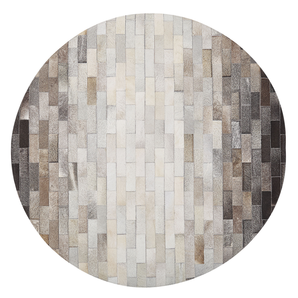 Tappeto Rotondo Pelle Bovina Marrone e Beige ø 140 cm Patchwork Rettangoli Rustico