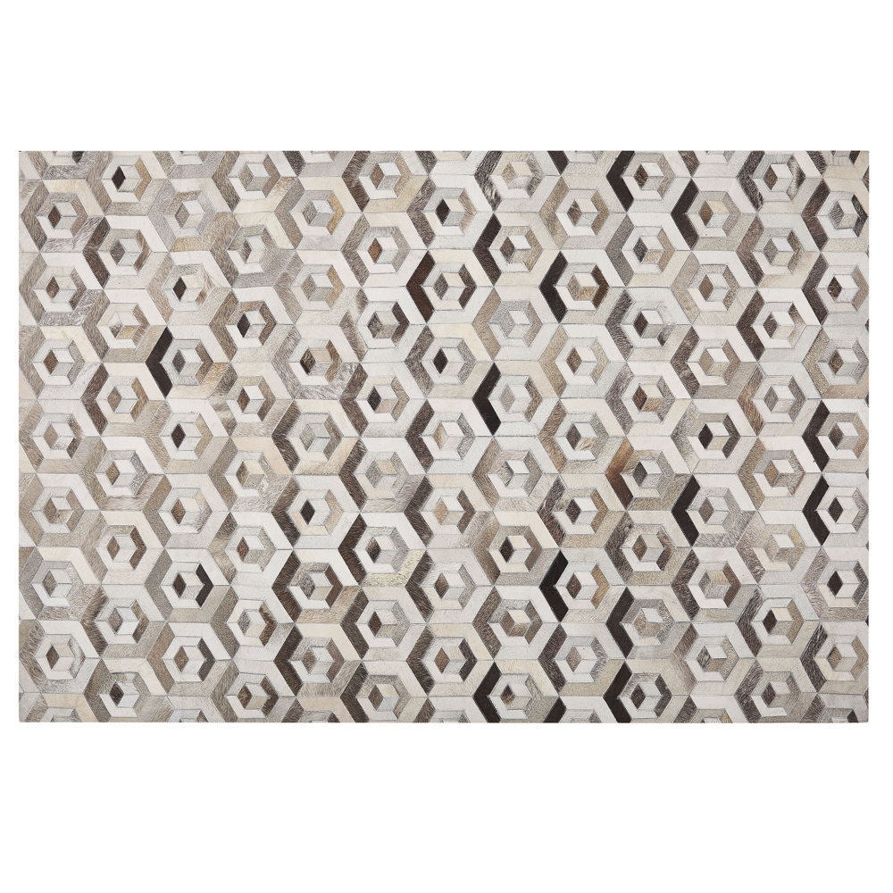 Tappeto rettangolare in pelle di vacchetta beige e marrone 140 x 200 cm Patchwork motivo geometrico retrò
