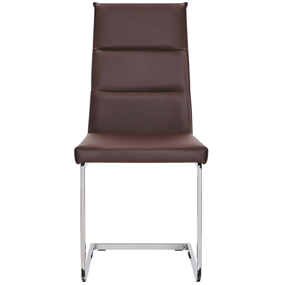 Set di 2 sedie da pranzo in ecopelle marrone scuro imbottite gambe a sbalzo argento senza braccioli design moderno