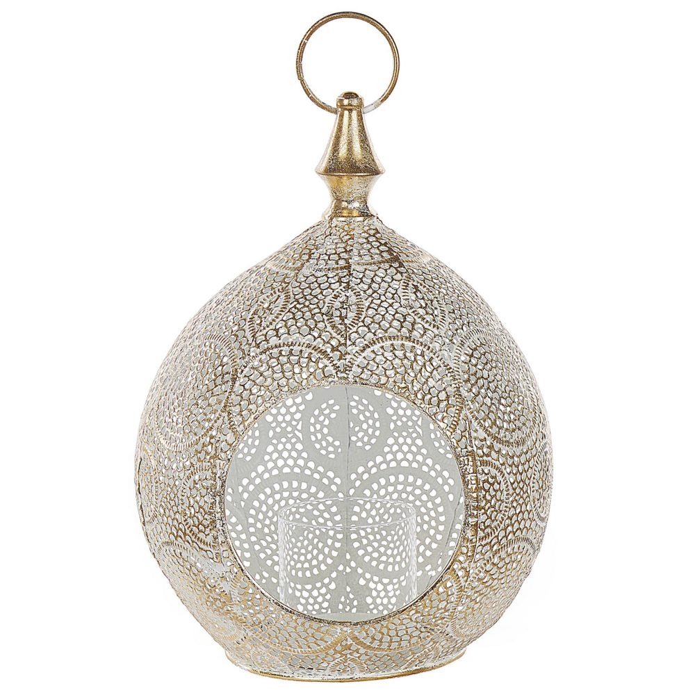 Lanterna in metallo dorato 33 cm con portacandele in vetro traforato orientale Boho