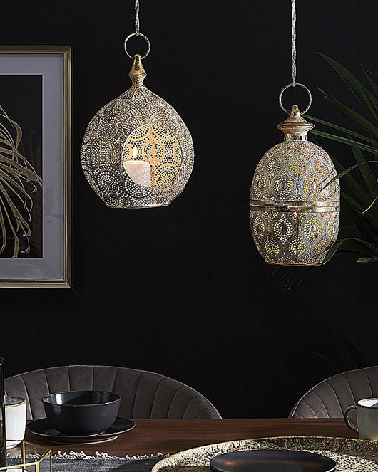 Lanterna in Metallo Dorato 34 cm con Portacandele in Vetro Orientale Uovo Traforato