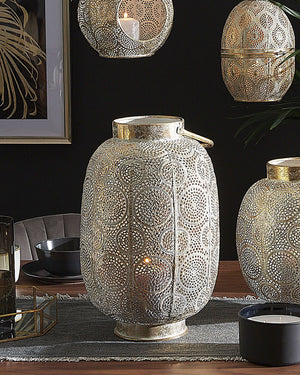 Lanterna in metallo dorato 40 cm con portacandele in vetro traforato orientale Boho