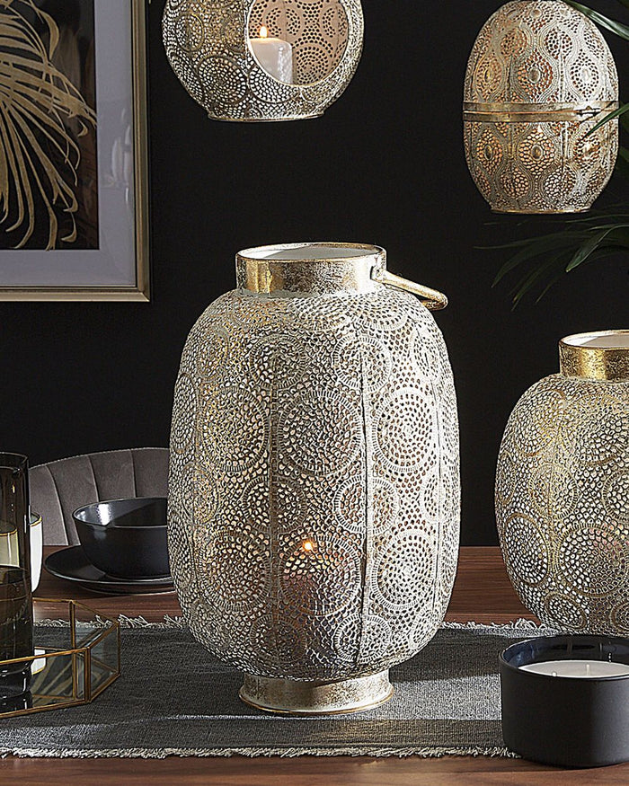 Lanterna in metallo dorato 40 cm con portacandele in vetro traforato orientale Boho