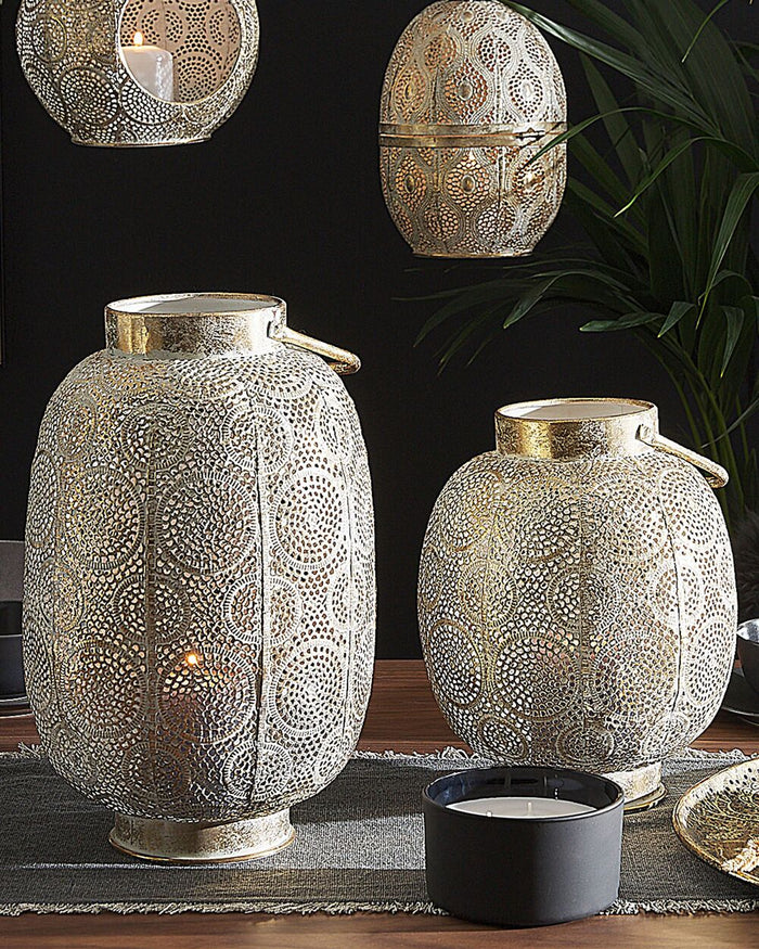 Lanterna in metallo dorato 30 cm con portacandele in vetro traforato orientale Boho