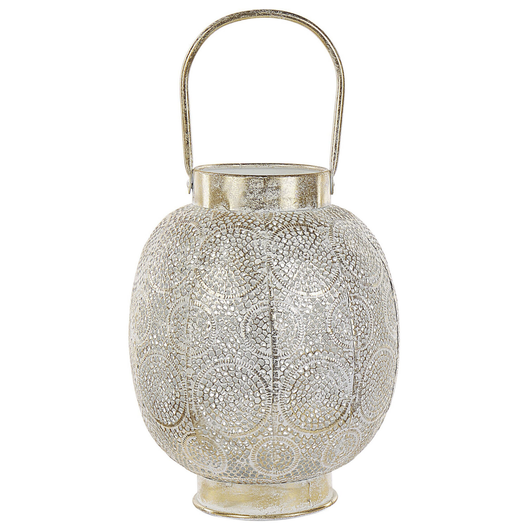 Lanterna in metallo dorato 30 cm con portacandele in vetro traforato orientale Boho