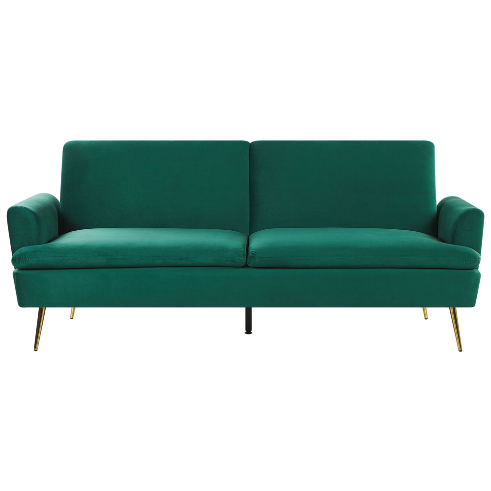 Divano Letto in Velluto Verde Scuro 3 Posti Click Clack Gambe In Metallo Dorato