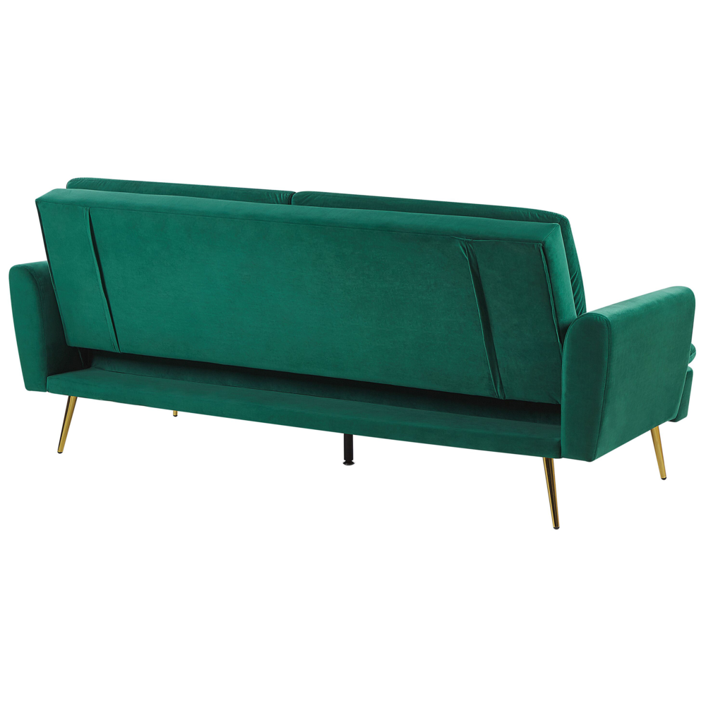 Divano Letto in Velluto Verde Scuro 3 Posti Click Clack Gambe In Metallo Dorato
