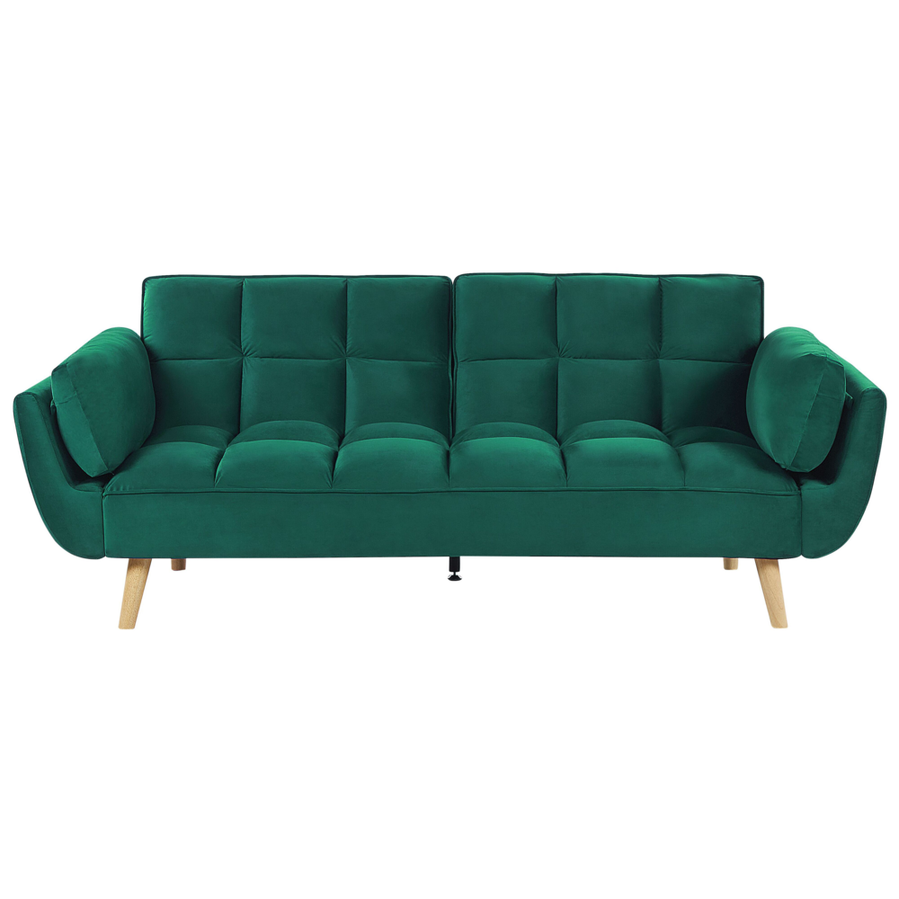 Divano Letto Tessuto Velluto Verde Gambe In Legno A 3 Posti Imbottitura In Schiuma Imbottitura Biscuit Schienale Diviso