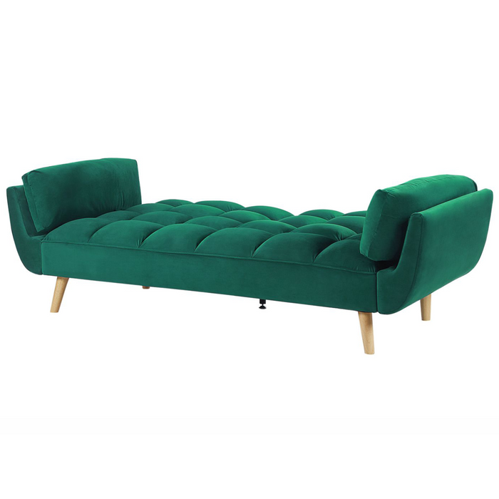Divano Letto Tessuto Velluto Verde Gambe In Legno A 3 Posti Imbottitura In Schiuma Imbottitura Biscuit Schienale Diviso