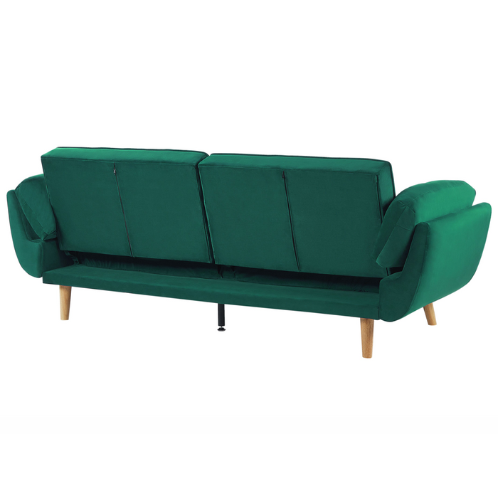 Divano Letto Tessuto Velluto Verde Gambe In Legno A 3 Posti Imbottitura In Schiuma Imbottitura Biscuit Schienale Diviso