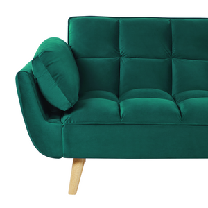 Divano Letto Tessuto Velluto Verde Gambe In Legno A 3 Posti Imbottitura In Schiuma Imbottitura Biscuit Schienale Diviso