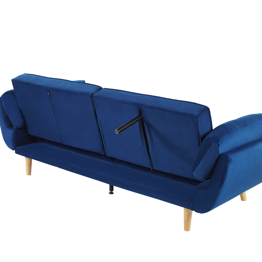 Divano Letto Tessuto Velluto Blu Navy Gambe In Legno A 3 Posti Imbottitura In Schiuma Imbottitura Biscuit Schienale Diviso