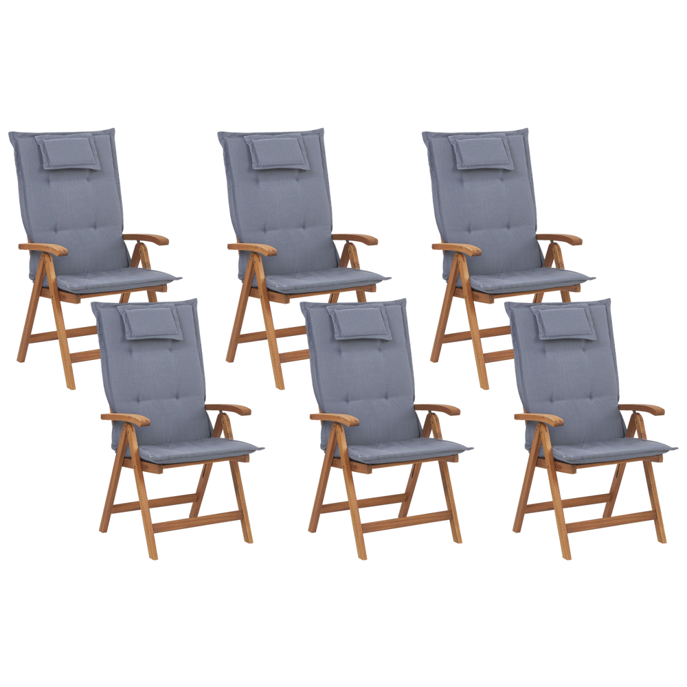 Set di 6 sedie da giardino in legno di acacia chiaro con cuscini blu pieghevole in stile rustico resistente ai raggi UV