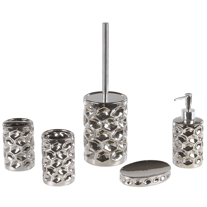Set di 5 Accessori Bagno in Ceramica Argento portasapone dispenser Bicchiere e Portascopino