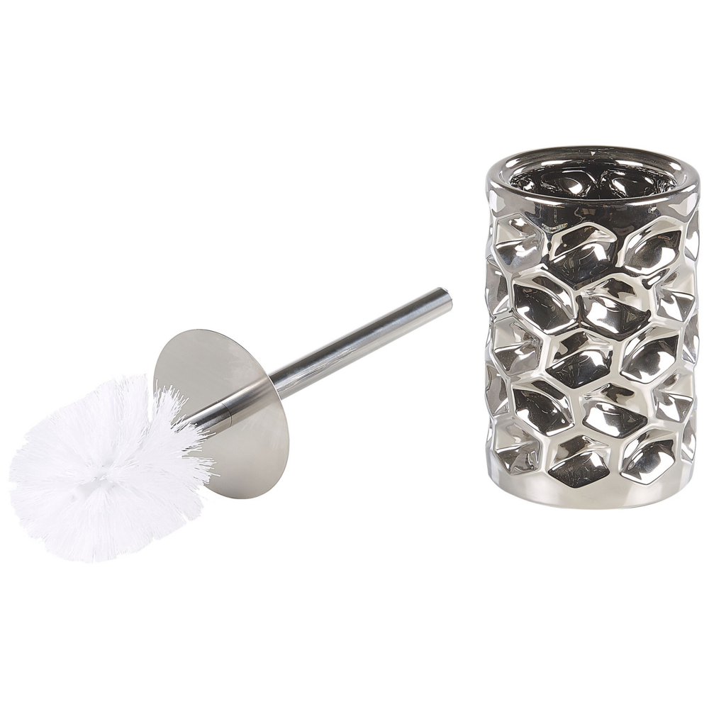 Set di 5 Accessori Bagno in Ceramica Argento portasapone dispenser Bicchiere e Portascopino