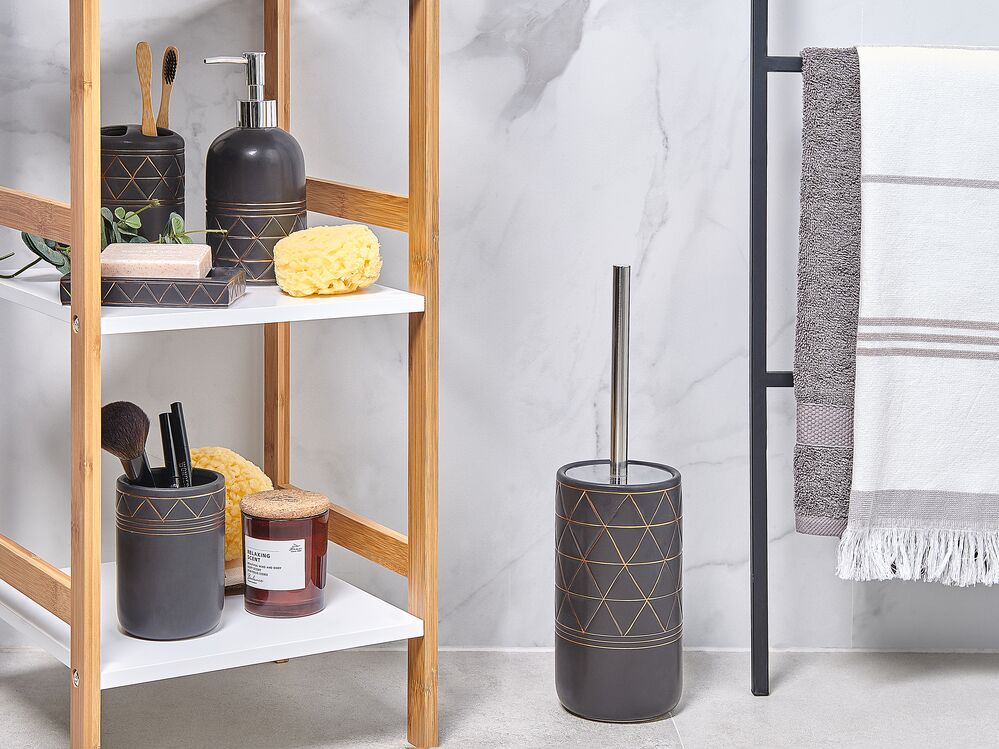 Set di Accessori Bagno Bicchieri Portasapone in Ceramica Oro e Nero