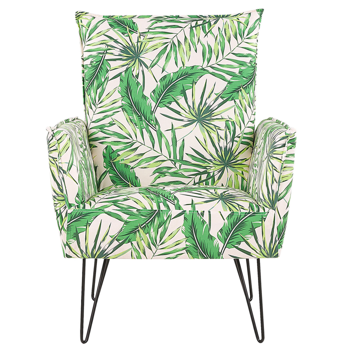 Poltrona in tessuto Nero motivo floreale gambe a forcina in metallo soggiorno camera da letto sedia