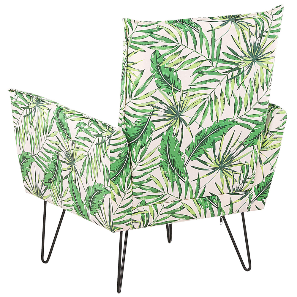 Poltrona in tessuto Nero motivo floreale gambe a forcina in metallo soggiorno camera da letto sedia