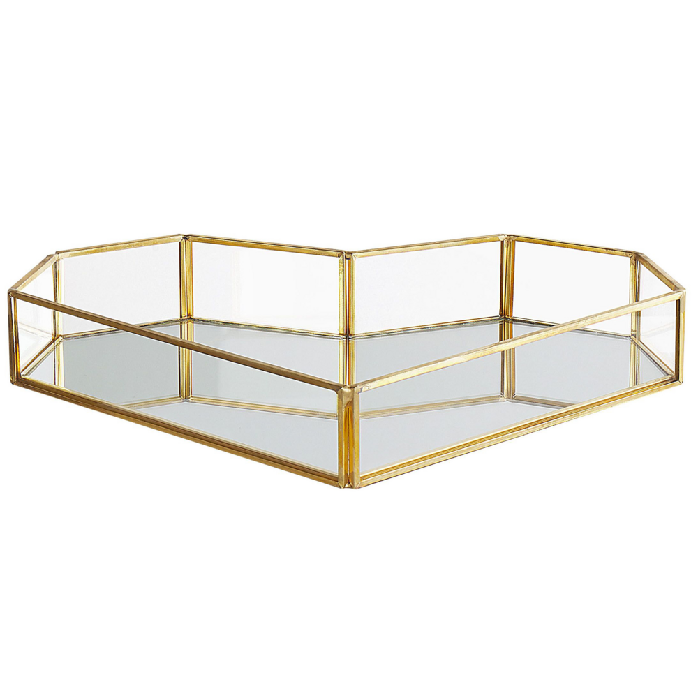 Vassoio decorativo in ottone dorato e vetro specchiato a forma di cuore 28 x 20 cm pezzo per candele gioielli