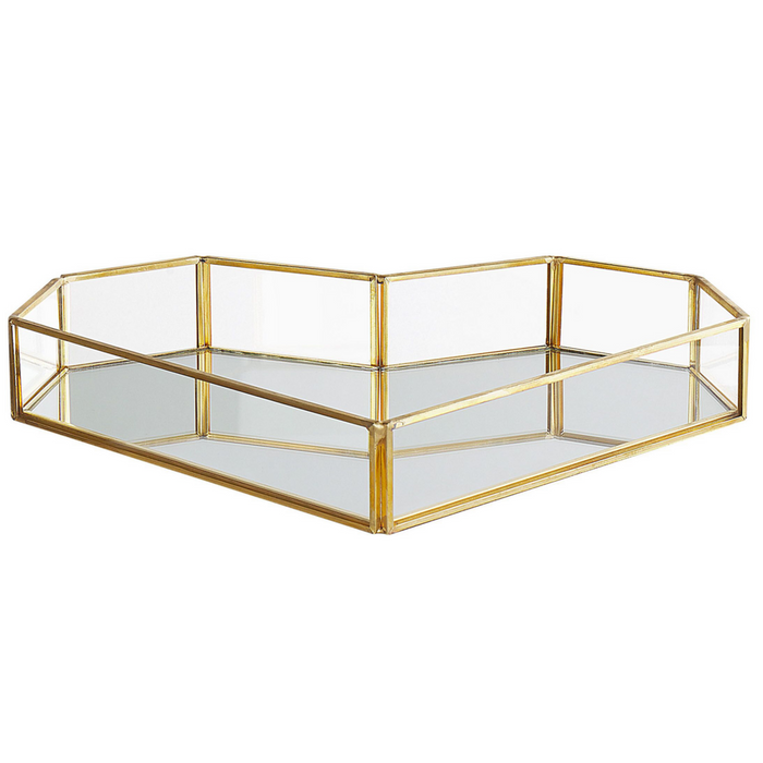 Vassoio decorativo in ottone dorato e vetro specchiato a forma di cuore 28 x 20 cm pezzo per candele gioielli