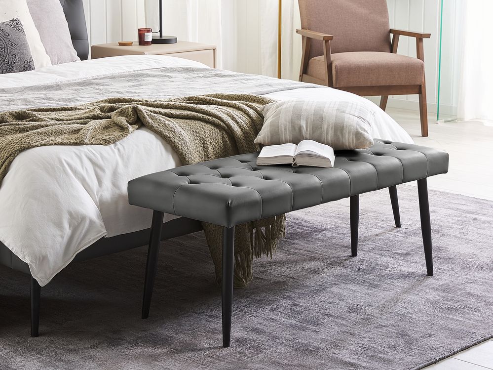 Panca per camera da letto Gambe in metallo con rivestimento abbottonato in ecopelle grigia