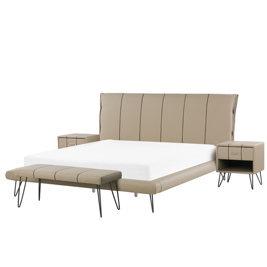 Letto con Panca e 2 Comodini in Ecopelle Testiera Decorativa 180 x 200 cm