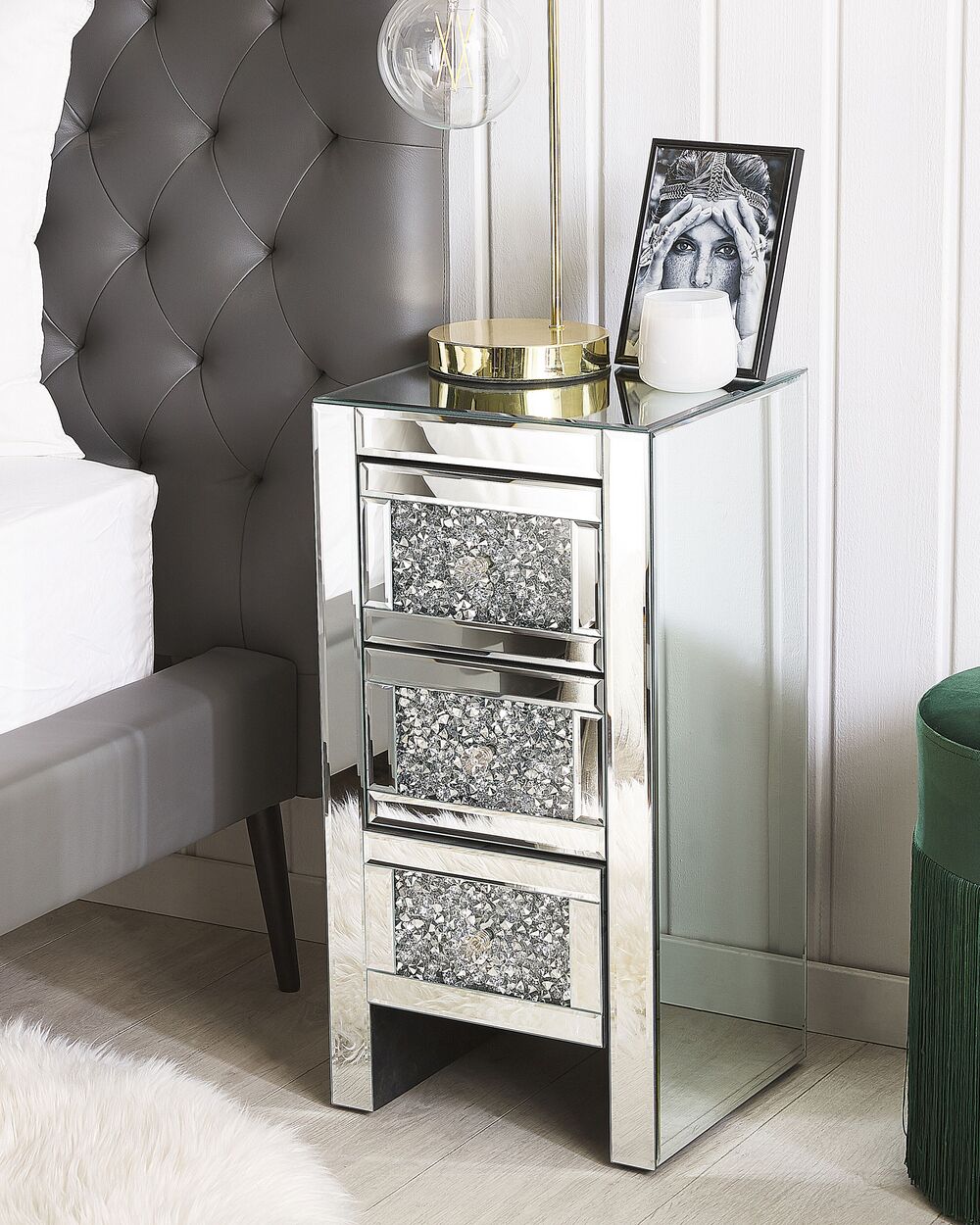 Comodino argento specchiato 3 cassetti cassettiera 60 x 30 x 30 cm moderno glam soggiorno camera da letto