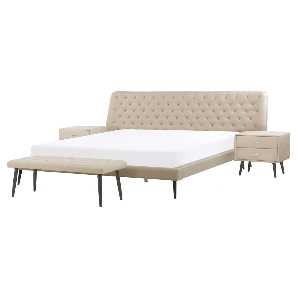 Letto con Panca e 2 Comodini in Ecopelle Testiera Decorativa 160 x 200 cm