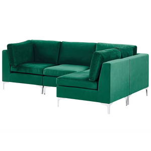 Divano ad angolo componibile versione sinistra a 4 posti in velluto verde con gambe in metallo argento stile glamour