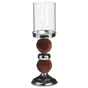 Portacandele Pilastro in metallo argentato con paralume in vetro marrone in finta pelliccia 38 cm Centrotavola decorativo con o