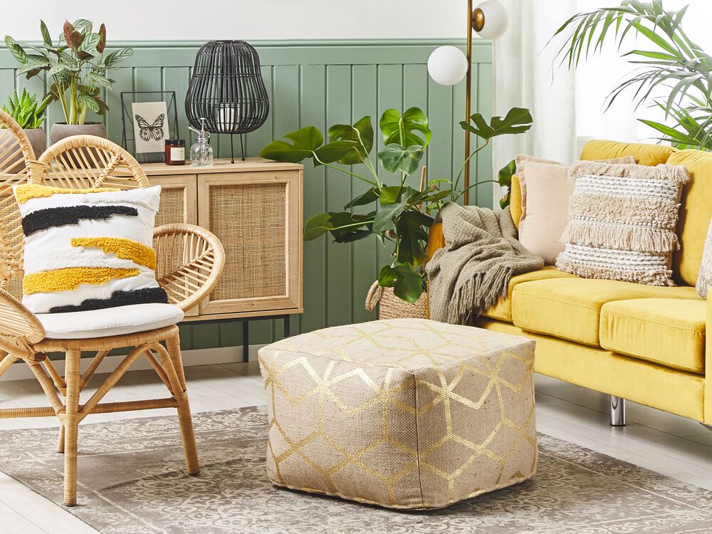 Pouf in juta beige 56 x 56 cm quadrato in tessuto ottomana poggiapiedi motivo con stampa dorata