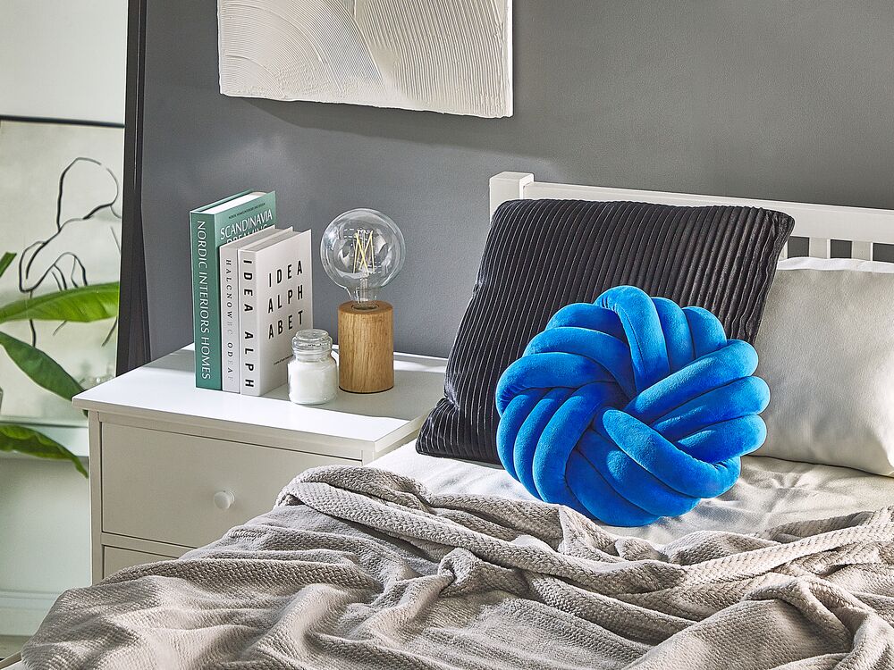 Cuscino Nodo Velluto Blu 30 x 30 cm Legato Peluche Decorativo Moderno