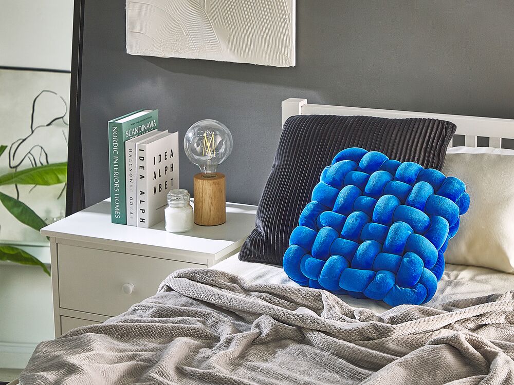 Cuscino Nodo Velluto Blu 30 x 30 cm Legato Peluche Quadrato Decorativo Moderno