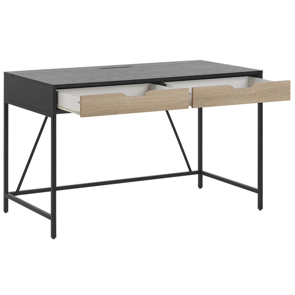 Scrivania da casa Piano in legno Nero Base in metallo 2 cassetti Legno chiaro 120 x 60 cm Design minimalista