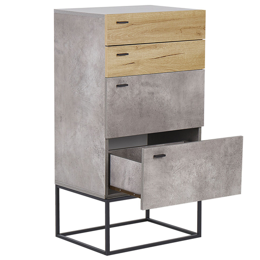 Cassettiera Effetto Cemento Legno Chiaro 4 Ripiani Base in Metallo Nero Industriale