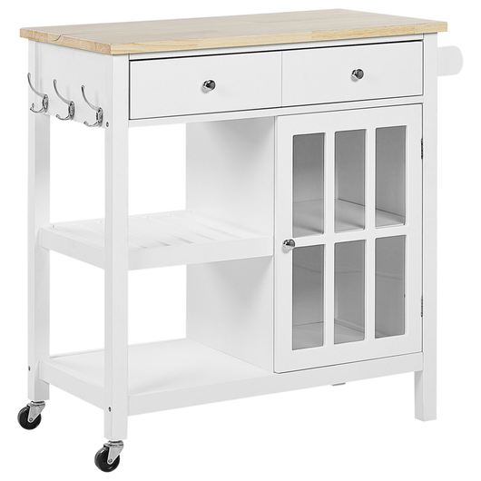 Carrello da cucina in MDF bianco con ripiano in legno chiaro Scaffali per armadietto con rotelle Cassettiera scandinava