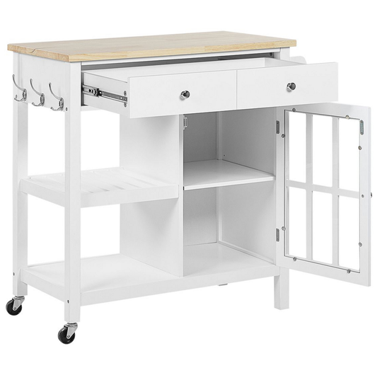 Carrello da cucina in MDF bianco con ripiano in legno chiaro Scaffali per armadietto con rotelle Cassettiera scandinava