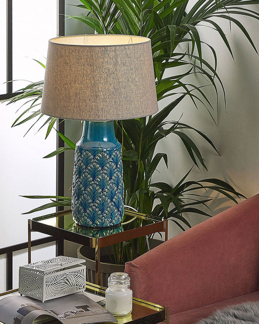 Lampada da Comodino in Ceramica Blu Mare e Grigia 55 cm Motivo Foglia Tradizionale