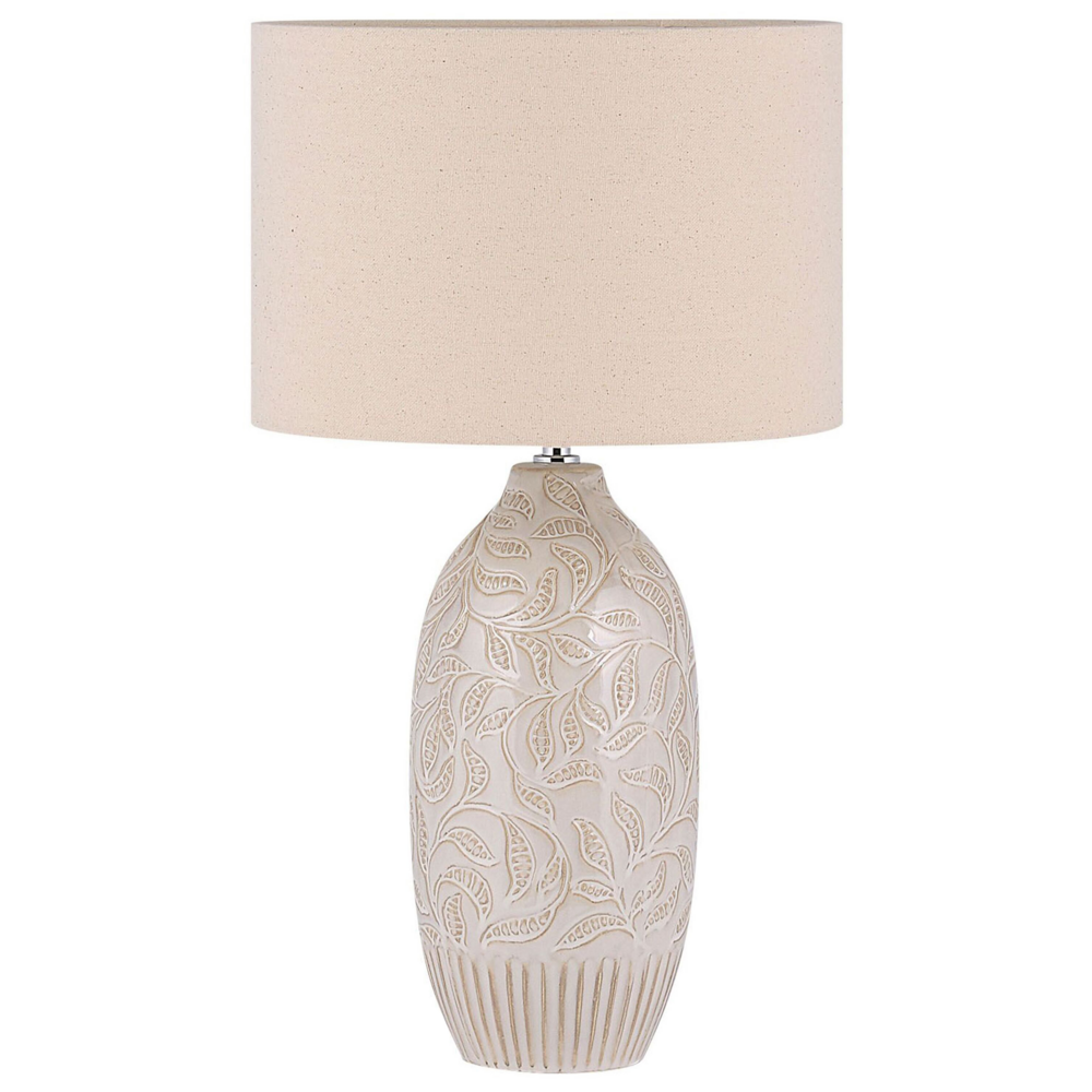 Lampada da comodino in ceramica beige 57 cm motivo a foglia con paralume a tamburo tradizionale