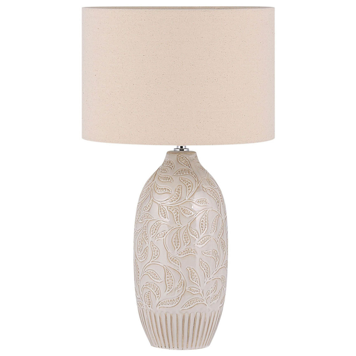 Lampada da comodino in ceramica beige 57 cm motivo a foglia con paralume a tamburo tradizionale