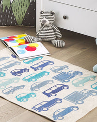 Tappeto per bambini Tessuto di cotone blu e bianco 60 x 90 cm Decorazioni per camerette rettangolari con motivo auto