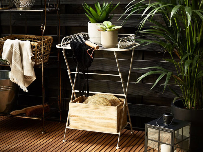 Tavolino in metallo bianco 40 x 35 cm con ripiano pieghevole in filo metallico design vittoriano vintage