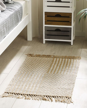 Tappeto passatoia Beige iuta e cotone 50 x 80 cm con frange intrecciato a mano Boho ingresso camera da letto