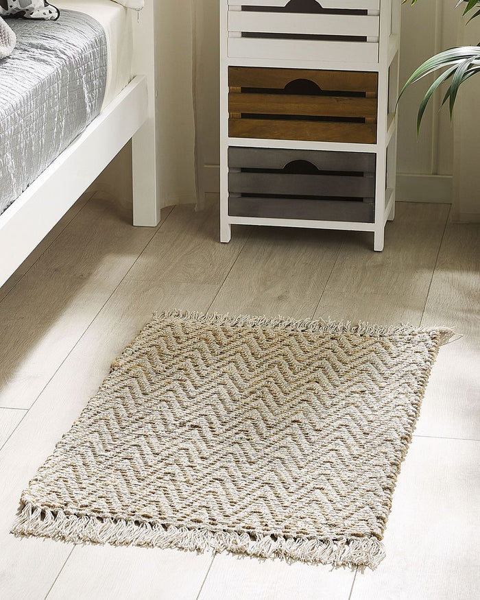 Tappeto passatoia Beige iuta e cotone 50 x 80 cm con frange intrecciato a mano Boho ingresso camera da letto
