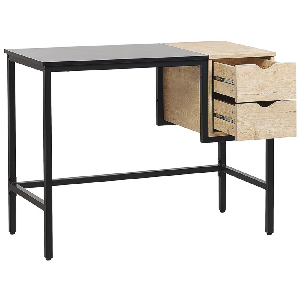 Scrivania Home Office Nera con Struttura in Metallo Legno Chiaro 100 x 48 cm Vano Portaoggetti 2 Cassetti Piano in PVC